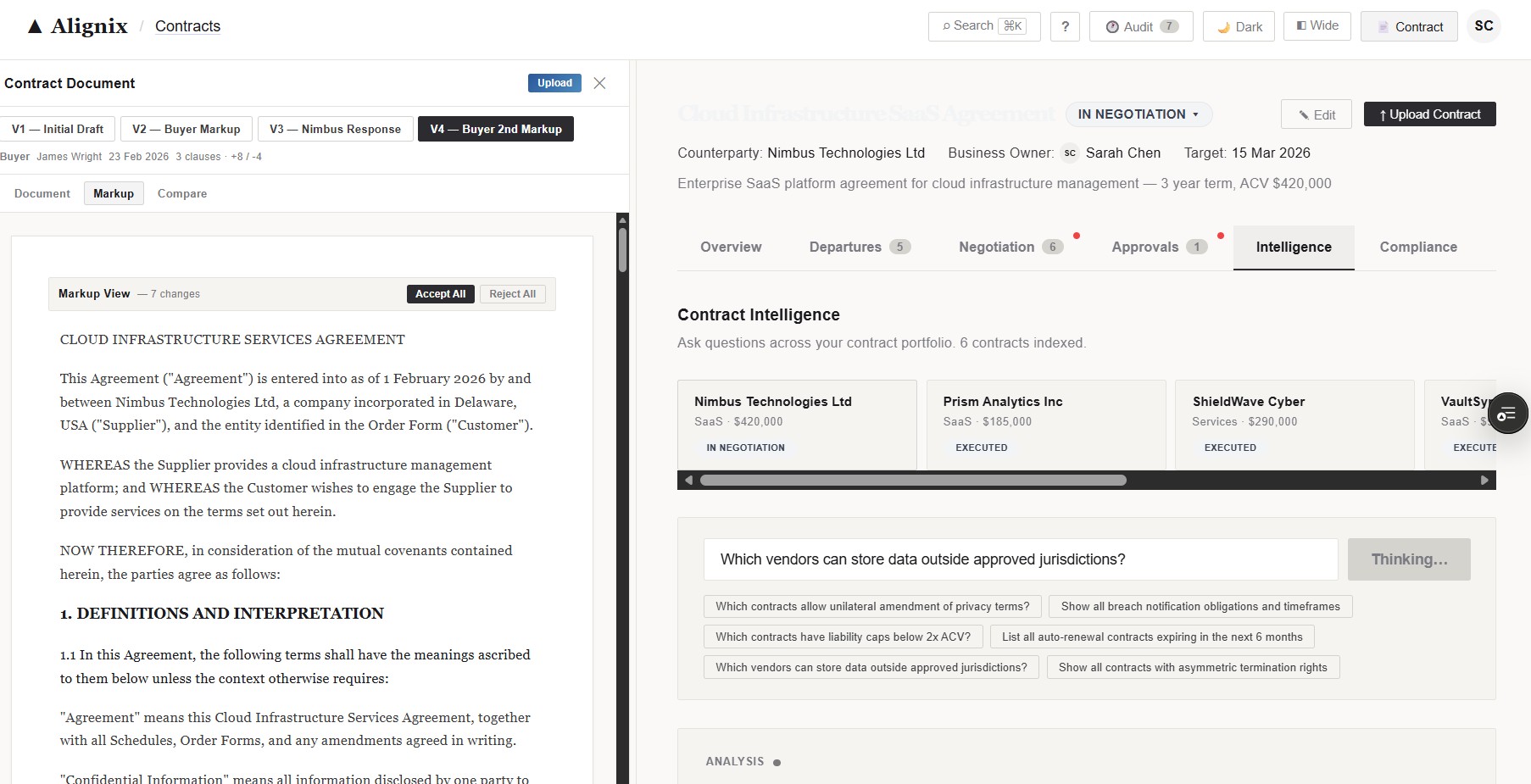 Portfolio intelligence — natural-language query of the contract portfolio with surfaced patterns.